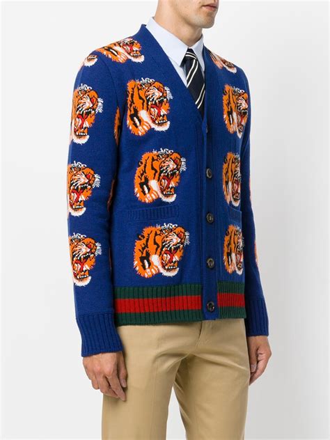 gucci tiger wool cardigan intarsia wool-blend|Wool jacquard cardigan with intarsia in black .